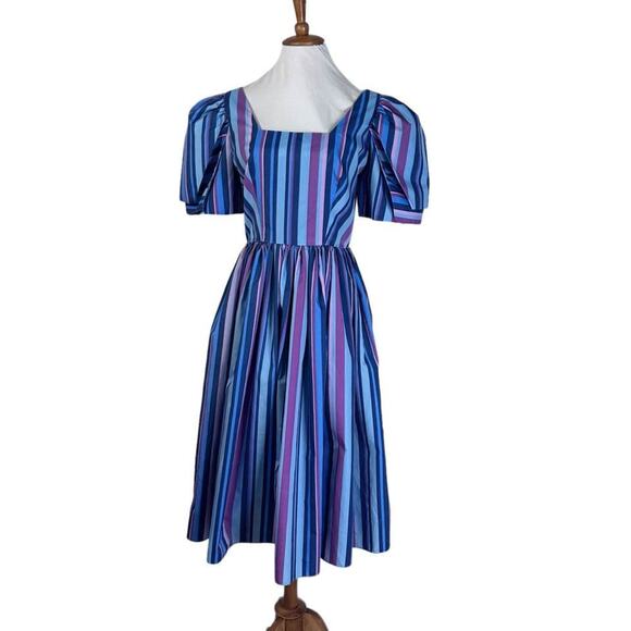 Vintage 80s Alyce Designs Taffeta Striped Party Cocktail Semi-Formal Dress M - Picture 2 of 8